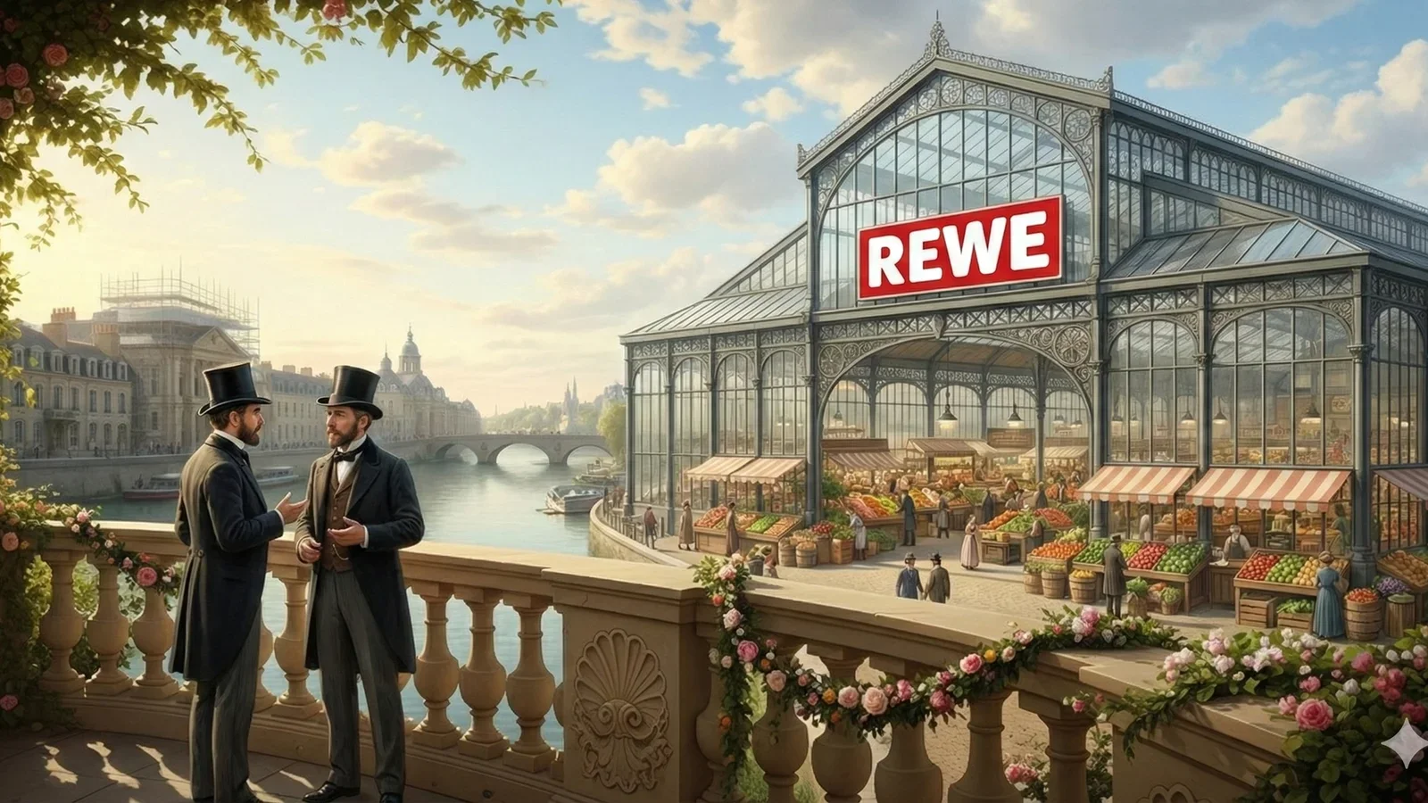 Historische Szene vor einer modernen REWE-Markthalle